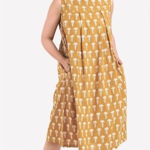 Yellow and White A-Line Pleated Midi Dress